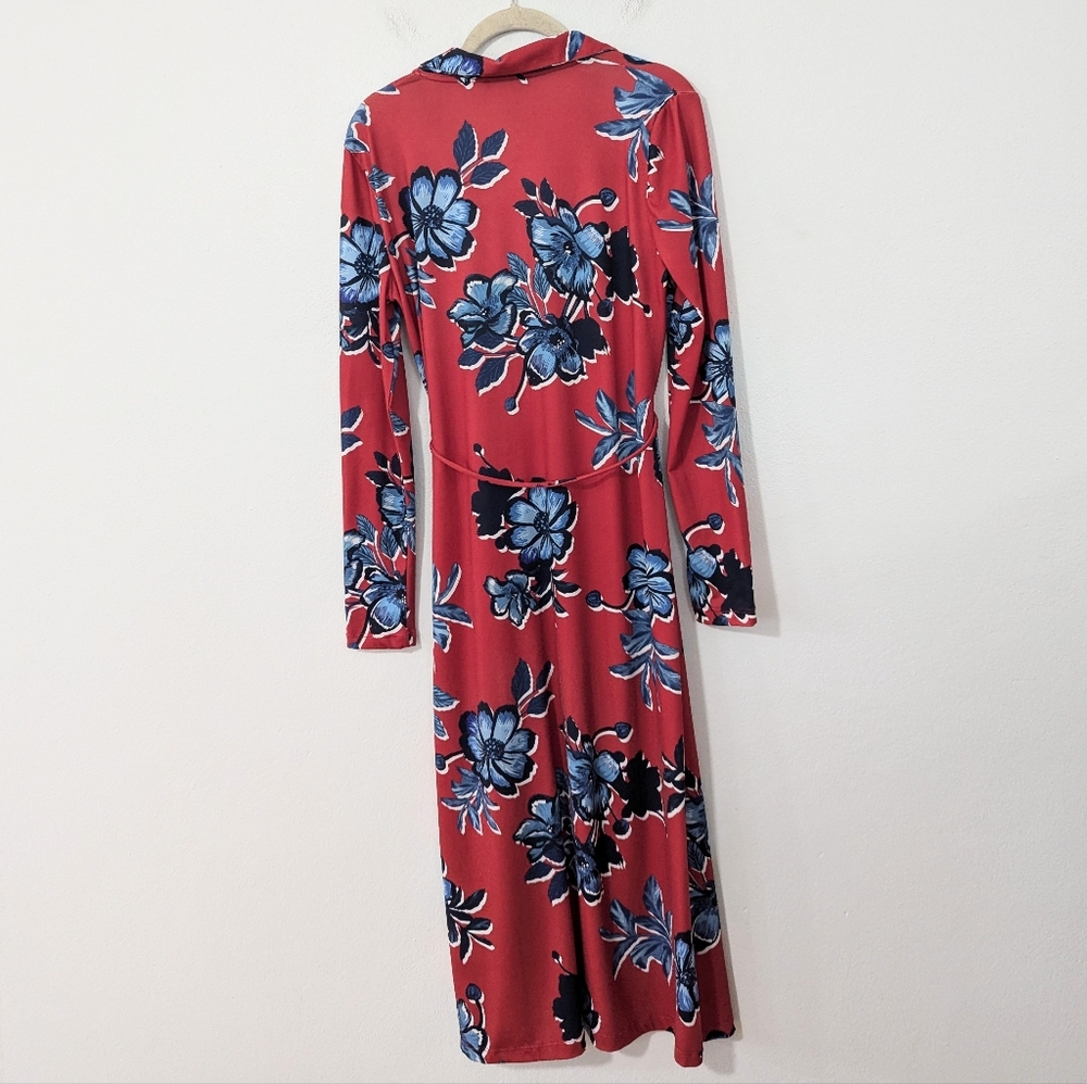 Zara Floral Print Button Front Long Sleeve Collared Midi Shirt Dress Red Small S - Picture 10 of 10